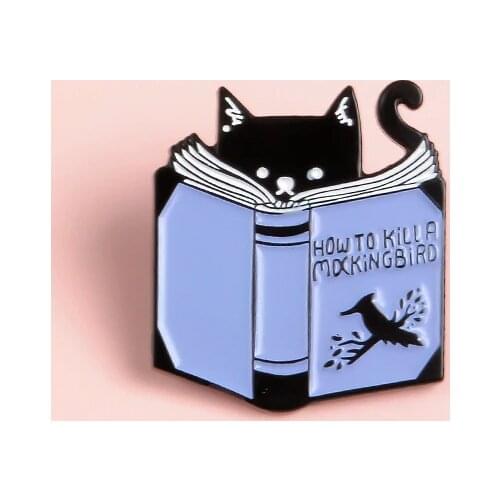 Cartoon Cat Read Book Pin How To Kill A Mocking Bird Magic Book Enamel pins Badges Brooches for kitty lover Cute Animal jewelry