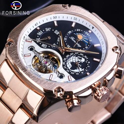 Forsining Tourbillon Grand Male Mechanical Watch Automatic Rose Gold Moonphase Earth Calendar Stainless Steel Clock Reloj Hombre