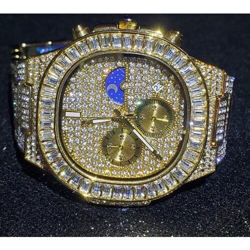 Hip Hop MISSFOX Fully Iced Out Watch Men Baguette Diamond Gold Steel Mens Watches Top Brand Luxury Waterproof Quartz Wristwatch