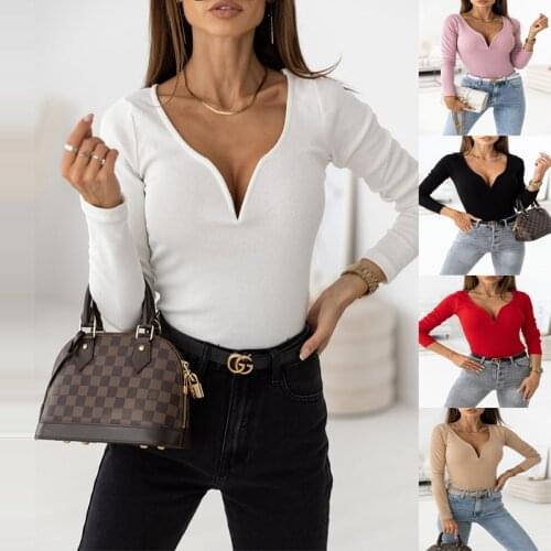 Elegant Solid Women Pullover Tops Autumn Winter New Casual Long Sleeve Undershirt Sexy V Neck Ribbed Slim Blouse And Shirt Blusa