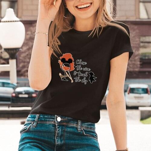 Chase The Wine Touch The Sky Letters Printing Disney T-Shirt Female Summer New Wine Glass Princess Black White T Shirt Women Top