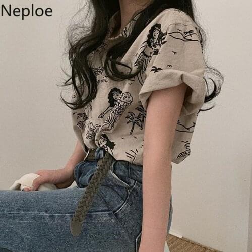 Neploe Korean Shirts Short Sleeve Tops and Blouses Funny Print Vintage Women Blouse Loose Casual Student Blusas Femme Shirt