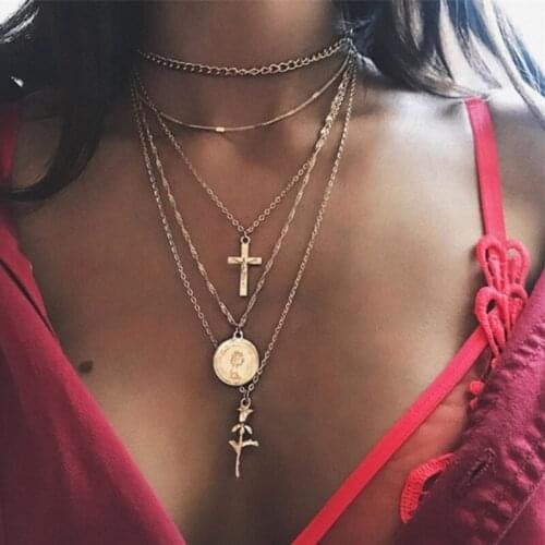 LIMARIO 5 Pcs/Set Women Punk Rose Flower Heart Cross Portrait Pendant Multilayer Clavicle Chain Beach Necklaces Jewelry Gifts