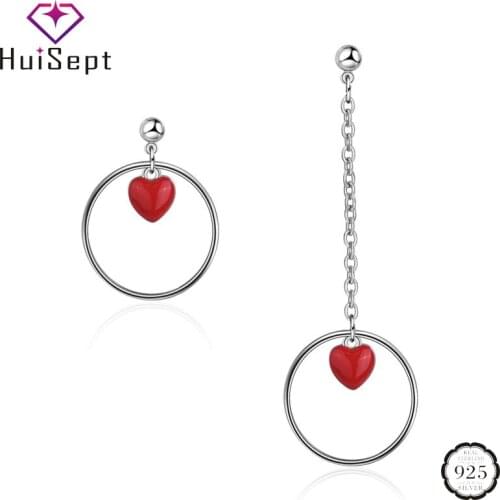HuiSept Trendy 925 Silver Earrings Red Heart-shape Jewelry Korean Style Drop Earrings for Women Wedding Party Ornament Wholesale