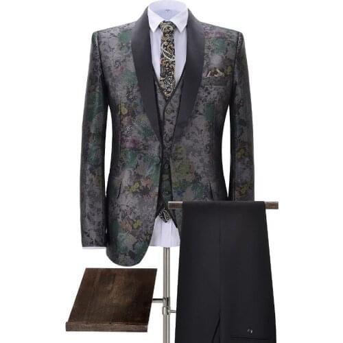 Mens Suits 3-Pieces Slim Fit Business Suits Groom Retro Noble Grey Tuxedos for Formal Wedding Plus Suits(Blazer+Pants+Vest)