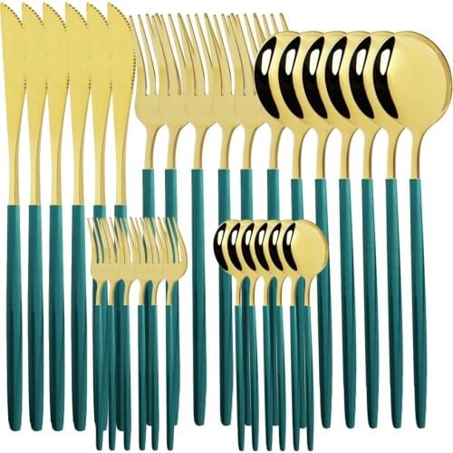 Dinnerware Set 18/10 Stainless Steel 30Pcs Green Gold Cutlery Set Tableware Knife Salad Fork Spoon Flatware Set Dishwasher Safe