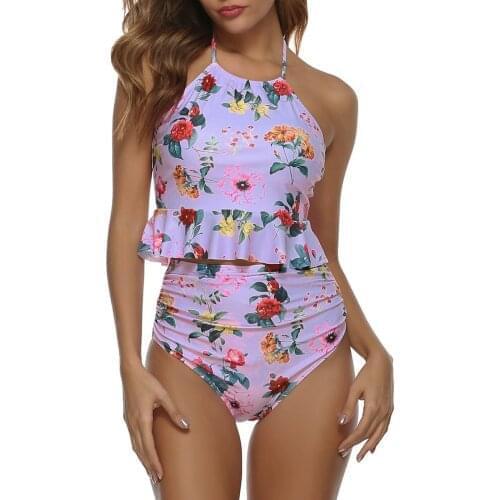 Swimsuits Sets Rose Printing Round Halter Neck High Waist Summer Bikini for Women 2021 Lastest Beachwear Femme Brazilian Bikini