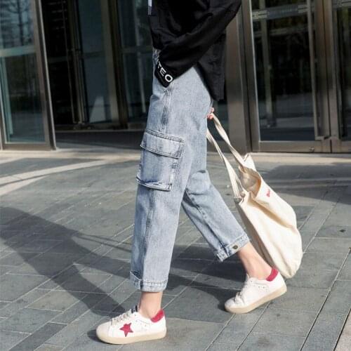 New 2020 Fashion loose straight jeans female women high waist cargo pants students casual overalls trousers