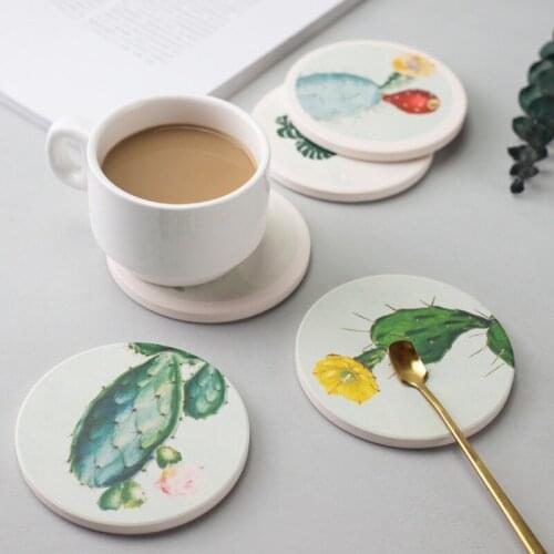 Diatomite Suction Cup Pad Refreshing Plant Printing Placemat Anti-scalding Cup Mat Table Decoration Accessories Supplies