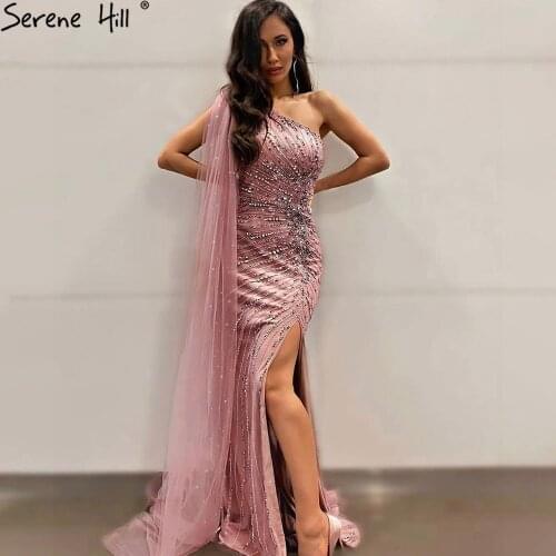 Serene Hill Pink Mermaid Split Evening Dresses Gowns 2021 One Shoulder Elegant Cape Sleeve For Women Party LA71195