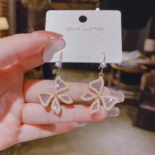Shining Purple Semi-precious Stones Insect Earrings Exquisite Simulated-pearl Butterfly Eardrop Female Fashion Jewelry
