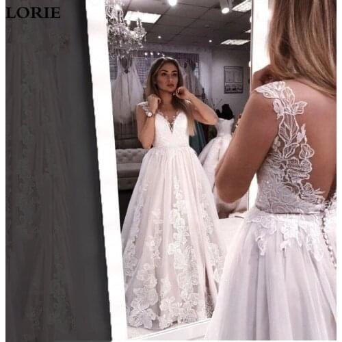 LORIE Boho Wedding Dress Sleeveless Appliqued Lace Bride Dress V Neck Princess Wedding Gowns vestidos de novia