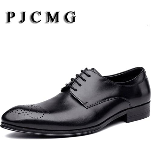 PJCMG Fashion Solid High-end Genuine Leather Oxfords Business Mens Lace-Up Pointed Toe Dress Wedding Mens Rubber Office Shoes