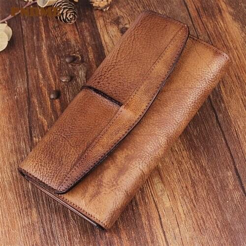 Vintage genuine leather long mens womens wallets fashion casual natural cowhide three-fold large-capacity card holder purse