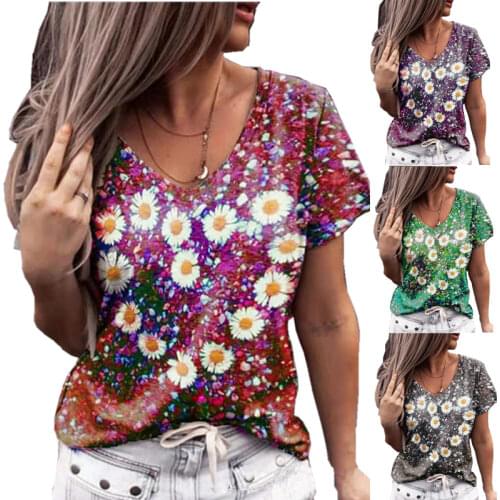 Summer Womens V-neck Short Sleeve T-Shirt Love Heart Floral Printing Top Female Casual Clothes Soft Clothing Comfortable Tees