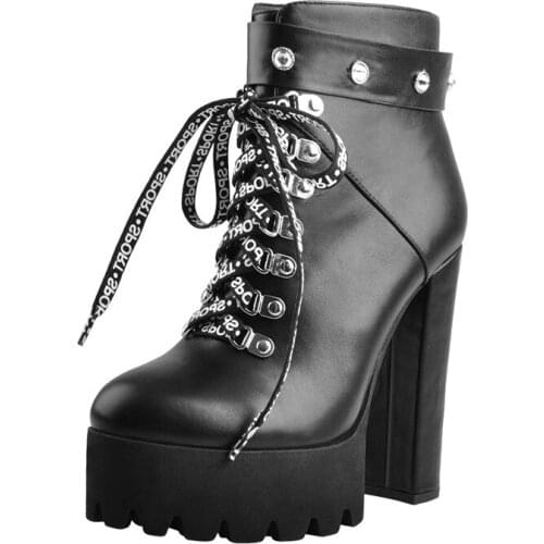 Richealnana Womens Black Platform Round Toe Lace Up Ankle Booties13~14CM High Heel Alphabet Side Zipper Plus Size Boots