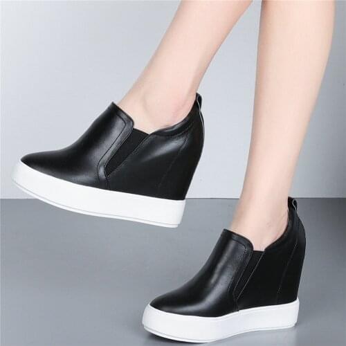 10cm High Heel Fashion Sneakers Women Genuine Leather Wedges Ankle Boots Female Round Toe Platform Oxfords Shoes Casual Shoes