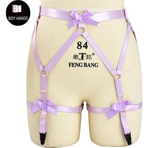 Women Unique Garter Belt Girls Purple Body Harness Goth Bow Pole Dance Harajuku Leg Harness Fetish Wedding Garter Body Cage