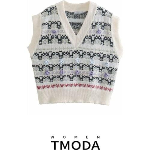 TMODA894 Za 2021 Women Floral Jcaquard White Knitting Vest Sweater Women Winter V Neck Sleeveless Sweater Preppy Pullover