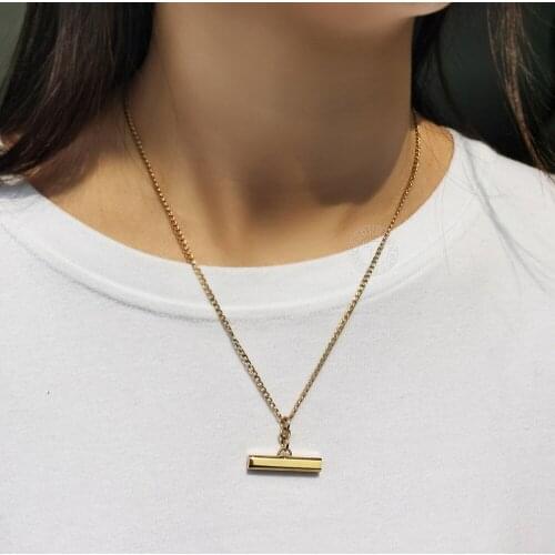 Gold Color Personalized Engraving Bar Stick Pendant Charm Stainless Steel Curb Cuban Chain Necklace for Women Girls DTNS027