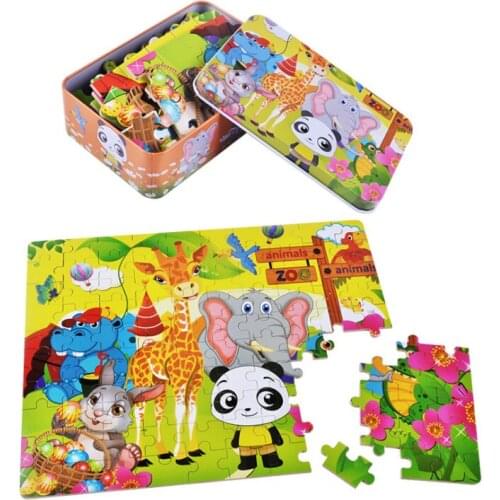100pcs Wooden Puzzle Animal Cartoon Puzzles Wood Jigsaw Baby Child Iron Box Early Educational Learning Interactive Toys Gifts