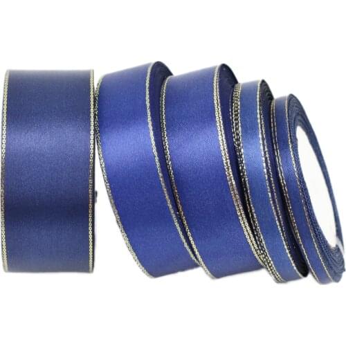 25 yards/roll) deep blue gold Edge Satin Ribbon Wholesale Gift Christmas ribbons (6/10/25/40mm)