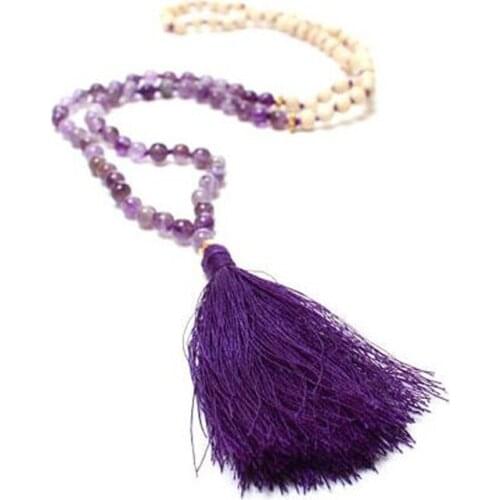 8mm White wood Amethyst Gemstone 108 Beads Tassels Mala Necklace pray energy Ruyi Handmade Wrist Healing
