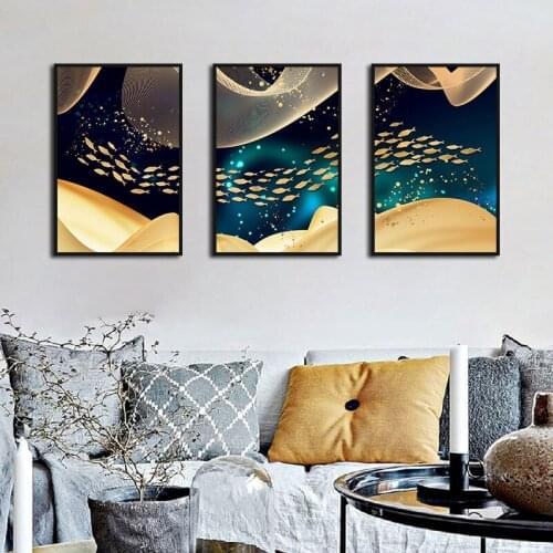 Abstract Golden Swimming Fish Paintings Wall Art Nordic Canvas Prints and Posters for Living Room Bedroom Corridor Decoration