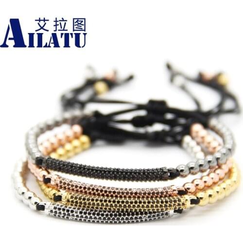 Ailatu New Fashion Jewelry 4mm Bronze Beads Weave Thin Brass Black Cubic Zirconia Tube Braided Macrame Bracelet