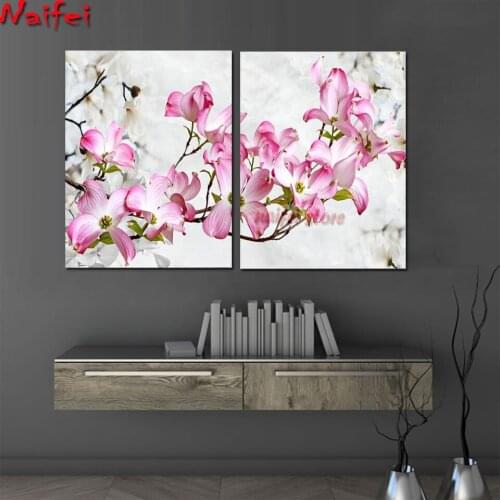 2 Pieces 5D Diamond Painting Full Square/Round Orchid Spring Pink Flower Diamond Mosaic Embroidery Rhinestone Picture Home Decor
