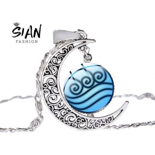 SIAN Fashion Avatar The Last Airbender Necklace Picture Silver Plated Crescent Moon Pendant Glass Necklace For Fans Gifts