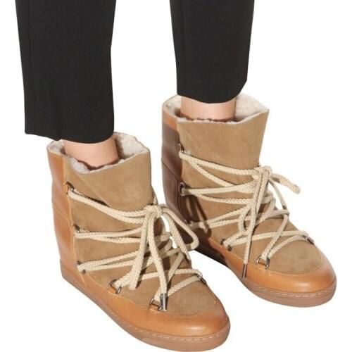 Botas Cowboy Mujer Warm Plush Winter Ankle Boots For Woman Black Brown Lace Up Punk Shoes Height Increasing Ladies Cowboy Boots