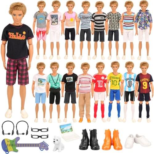 Fashion Hot sale 22 items/set Kids Toys = 12 Ken clothes random +2 headphone glasses +1 dog Mini laptop guitar +3 Doll Shoes Ken