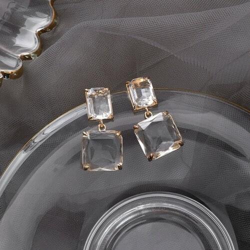 Korean New Design Double Square Earrings Luxury Transparent Glass Crystal Party Earrings For Women Fashion Jewelry Gift