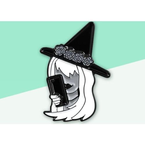 Trendy Black Hat Witch With Floral Crown Phone Enamel Pins Brooch T-shirt Punk Backpack Badge Jewelry For Friends Birthday
