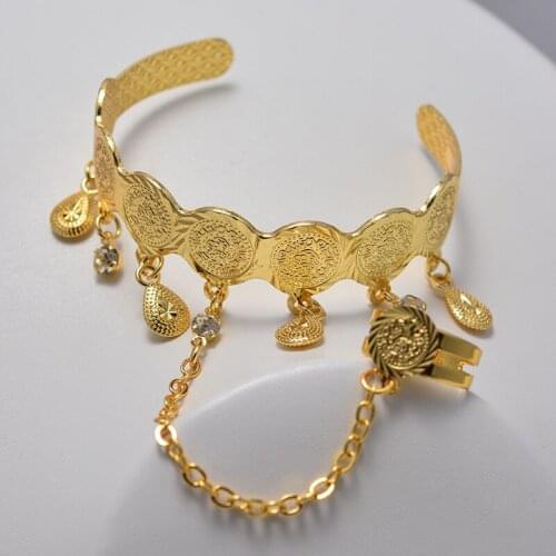 Can open Gold Color Coin Bangles Bracelet for Baby Boy girl With ring Copper Ethiopian Jewelry African Bangle Arab child Gifts