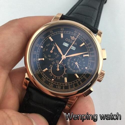 Ossna new 42mm mens top luxury watch gold case black dial date moon phase multifunction mens automatic watch