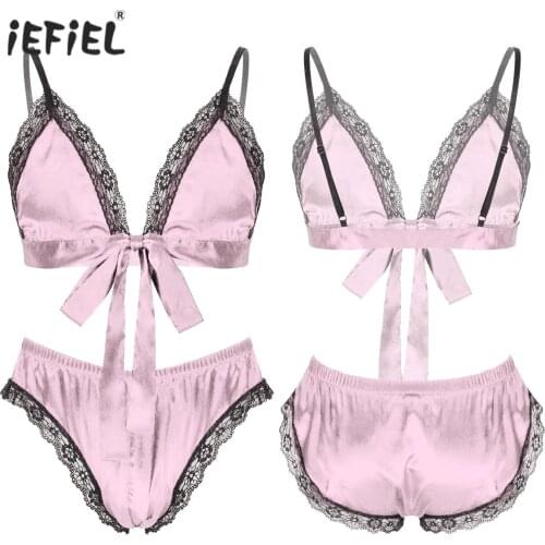 Mens Satin Pajama Set Lace Trim Sissy Nightwear Adjustable Spaghetti Straps Lace-up Bow Bra Top with Elastic Waistband Briefs