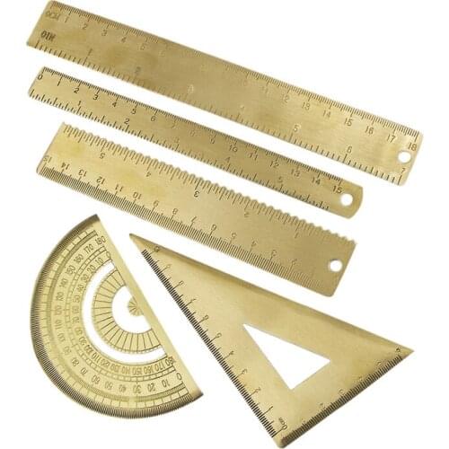 5Pcs Measuring Ruler Set Drawing Instruments Include Brass Protractor Wave Edge Ruler Right Angle Triple-Cornered Ruler
