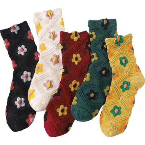 5 Pairs Women Socks Set Unisex Pure Cotton Breathable Middle Tube Japanese Spring Summer New Retro Flowers Argyle Rib Cute Thing