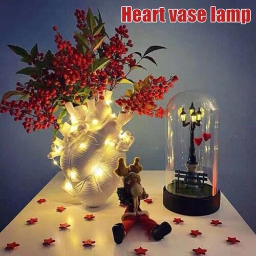 Newest Anatomical Heart Vase Resin Flower Pot with Light String Desktop Ornament Home Decoration