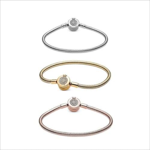 Original 925 Sterling Silver Snake Chain Pan Bracelet Shining Crown O Fit Charms Clips Beads Fashion Jewelry