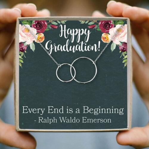 Double Circle Pendant Necklace Infinity Round Two Interlock Chain Necklaces for Student Happy Graduation Friendship Gifts