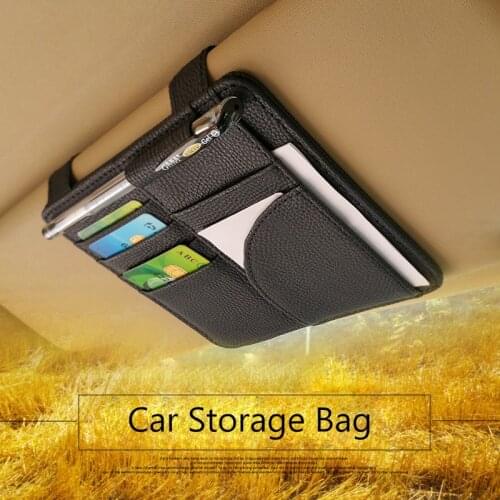 Car Sun Visor Mount Receipts Ticket Card Organizer PU Leather Pocket Storage Bag In Car Accessories Interior Pen Holder Clip