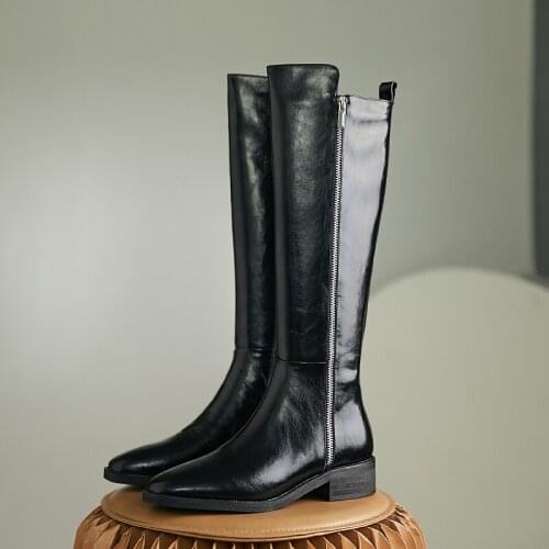 MEZEREON Cow Leather Motorcycle Boots Square Toe Western Riding Equestrian Boots Med Heel 3.5 CM Fashion Winter Shoes With Zip