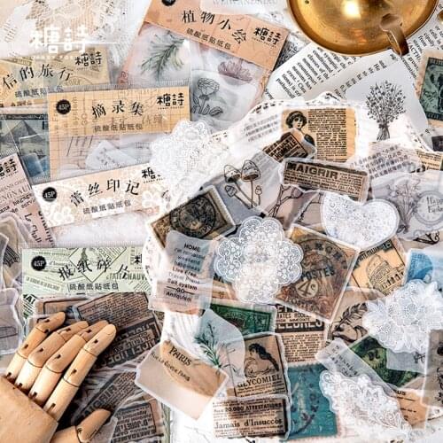 XINAHER 45Pcs/Bag Vintage newspaper plant lace travel paper sticker decoration stickers DIY diary scrapbooking label sticker