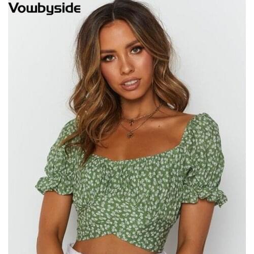 Summer New Womens T-shirt Floral Short Sleeved Slash Neck Lace Up Crop Top