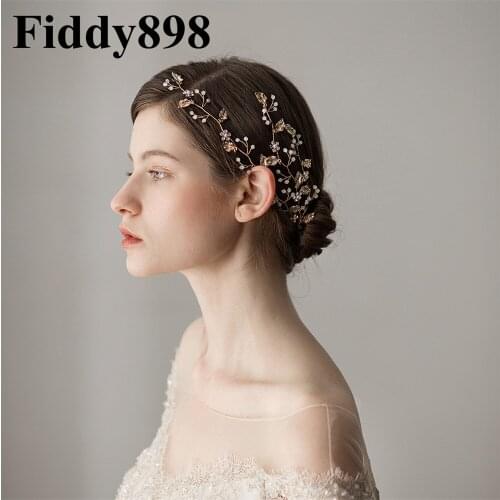 Gold Wedding Headpiece Crystal Hair Accessories Pearls Leaves Wedding Headband Handmade Women Hair Jewelry HD81