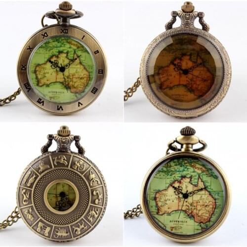 Womens Mens Quartz Pocket Watch 1pcs Vintage Watch Necklace Gift Retro Australia Map Watch Pendant Clock On Chain Dropshipping