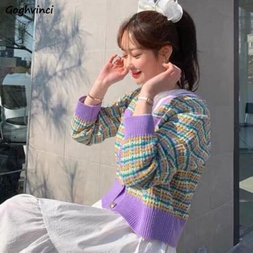 Cardigan Women Plaid Lovely Girlish Autumn V-neck Design Ulzzang Full Sleeves Vintage Fashion Slim Knitting Retro Stylish Chic